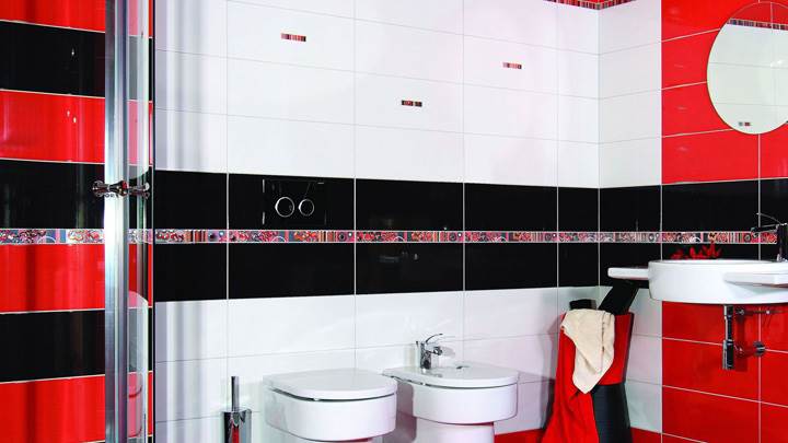 Red And Black Interior Of Bathroom And White Sinks